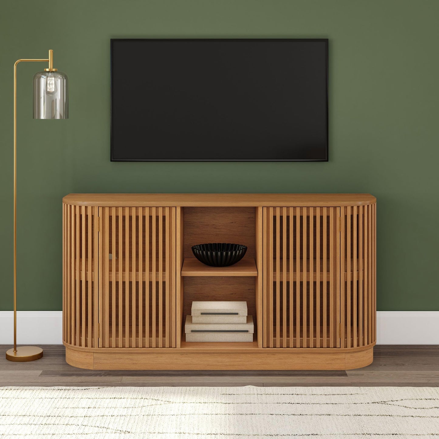 Plank+Beam Contour Wood TV Stand, Two Door Solid Wood Entertainment Console with Storage, 59" L x 16" W x 30" H, Pecan