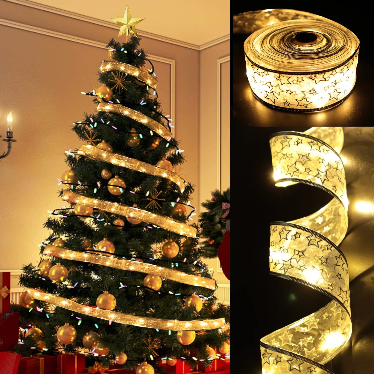TURNMEON Christmas Ribbon Lights - 40 Ft, 120 LED, Timer & Remote Control, Warm Lights, Silver Ribbon, Model TAS-TO-7-W-US1