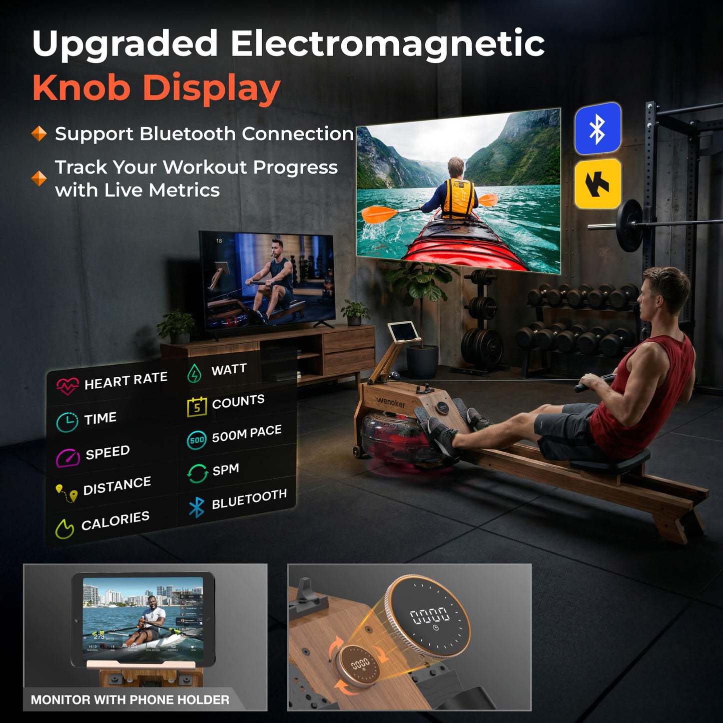 WENOKER Water Rowing Machines for Home Use, Professional Rower Machine with Smart Electronic Knob,Wooden Row Machine with LCD Monitor & Comfortable Seat, Bluetooth App Compatible for Home Gym 400 LBS