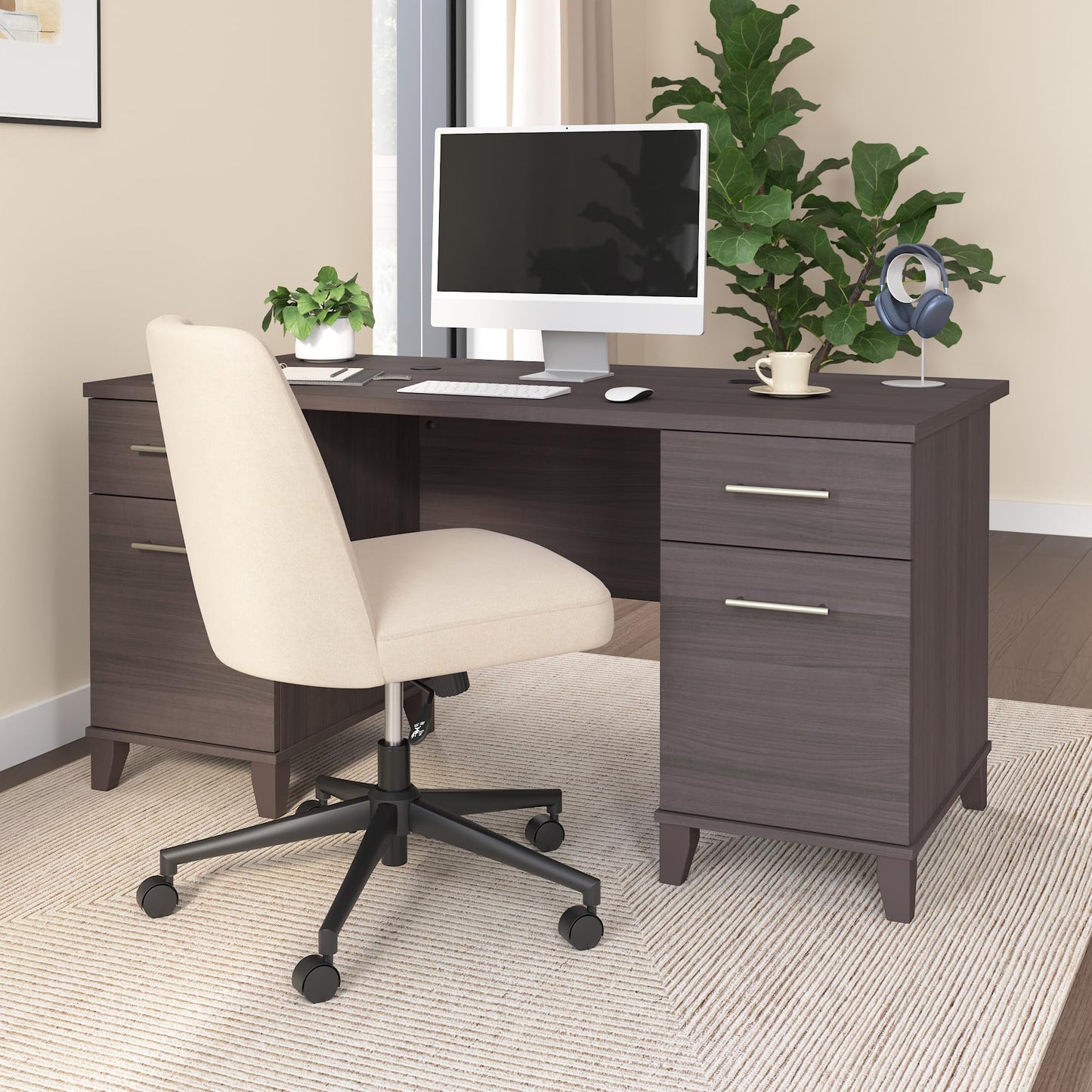 Bush Home 60-Inch Office Desk with Drawers, Computer Desk with File and Box Drawers, Home Office Workstation with Storage Cabinet, Writing Desk Furniture, Somerset Collection, Storm Gray