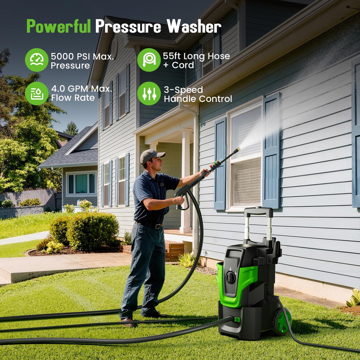 5000PSI Heavy Duty Pressure Washer, 3-Speed Adjustable Power Washer with 2-Stage Pull Rod, 4 Nozzles, Foam Cannon & 500ml Soap Bottle for Car, Home & Outdoor Cleaning,Green
