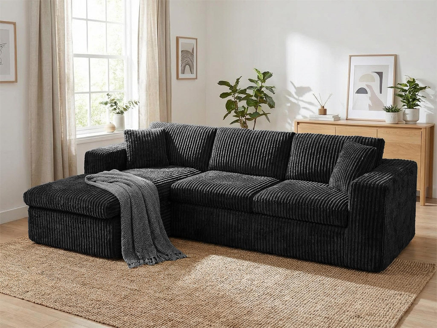 Vongrasig 105" Boneless Couches for Living Room, Sectional Couches Modular Sofa with L-Shaped Chaise, Memory Foam Comfy Cloud Couch with Plush Corduroy Fabric, No Assembly Required, Black