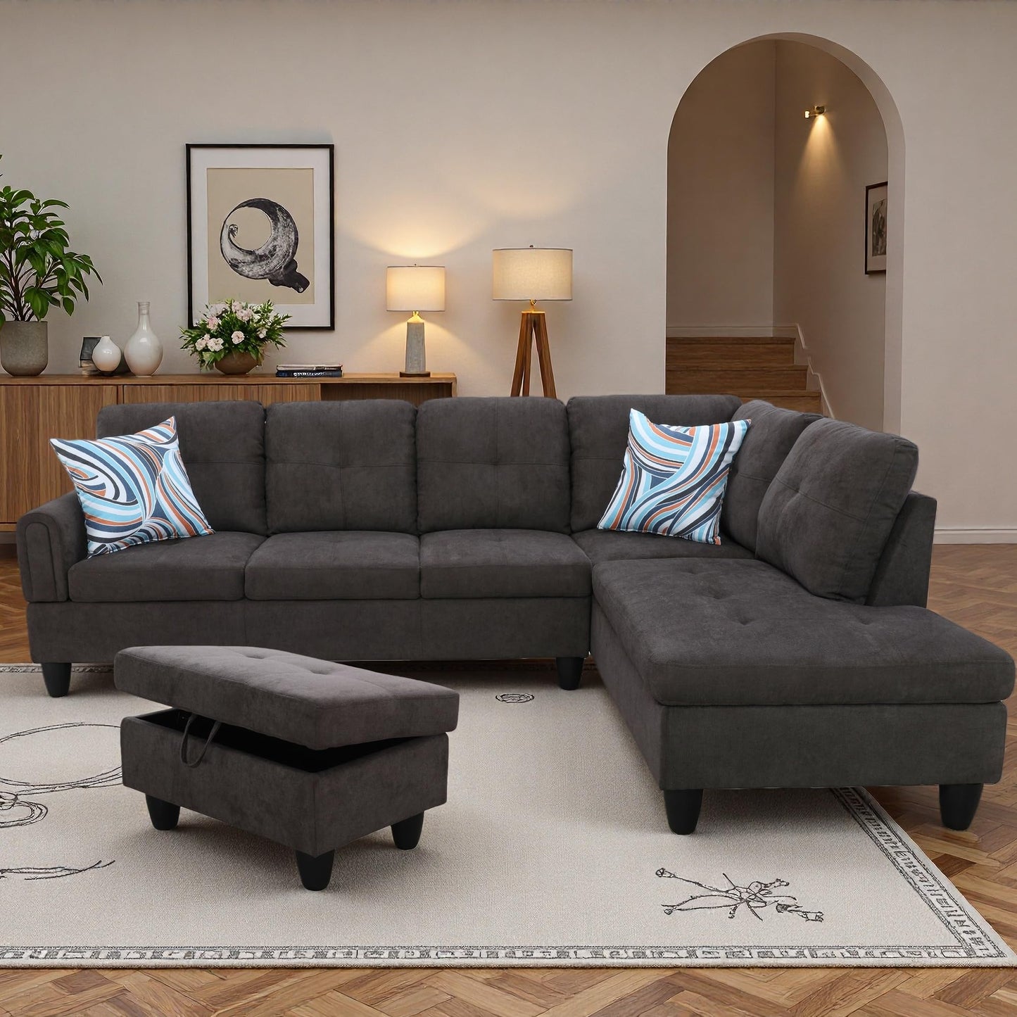 Topcomfy 97.5" L Shaped Couch Set, Modular Sectional Couches for Living Room with Storage Ottoman, 4 Seat Home Sofa Living Room Furniture Sets with Chaise for Apartment Office (Linen, Dark Brown)
