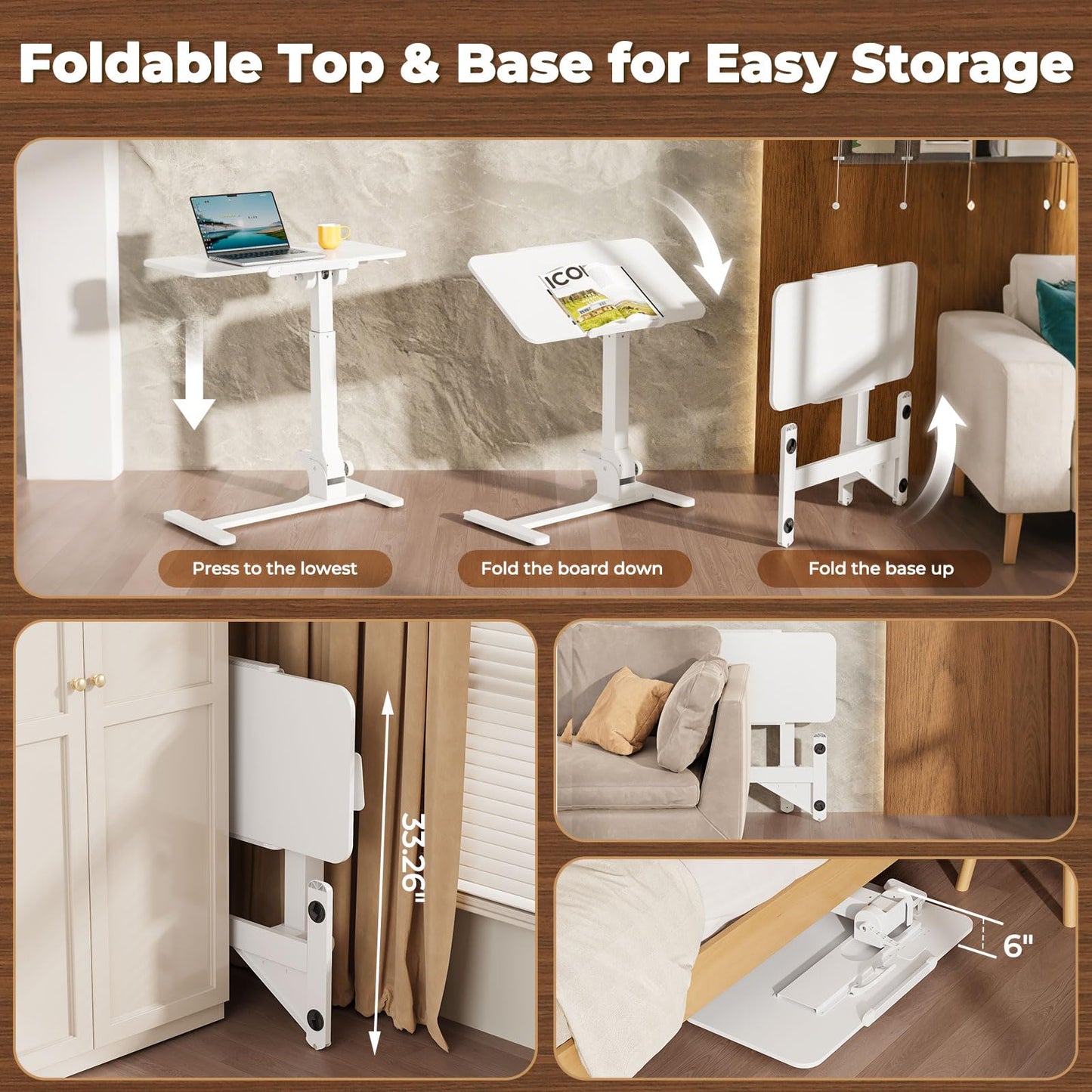 JOY worker Foldable Overbed Bedside Table, 180° Tiltable Mobile Standing Desk with Wheels, 31.5" Pneumatic Height Adjustable Rolling Laptop Desk for Home & Hospital Use, Easy Storage, White