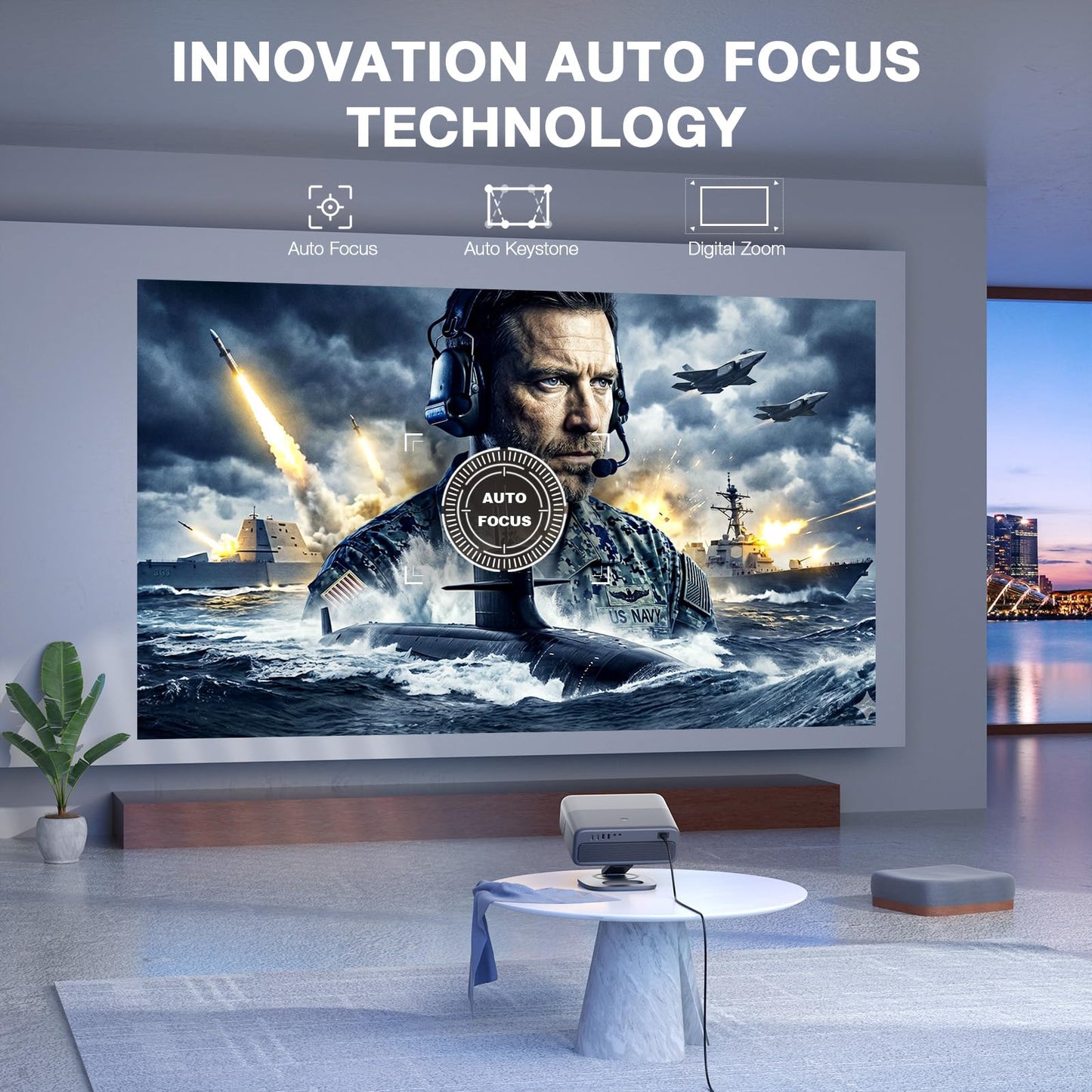 [Now with Netflix & 4000 ANSI] 4K Projector with WiFi and Bluetooth,TOF Real-Time Auto Focus Projector, AuKing Outdoor Movie Home Proyector with Omni-Adjustable Stand(silver grey)