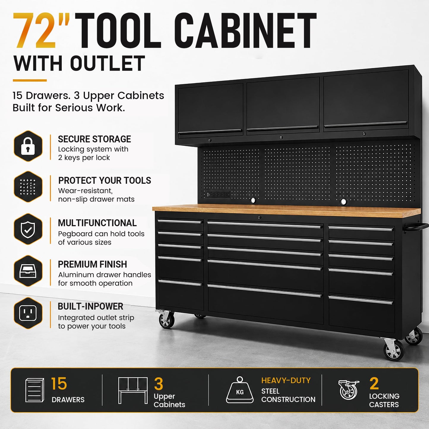 CHETTO C 72-inch Rolling Tool Chest Cabinet Mobile Workbench with 15 Storage Drawers and Wheels 3 Uper Cabinet Outlet SS Pegboard Black Tool Box for Garage