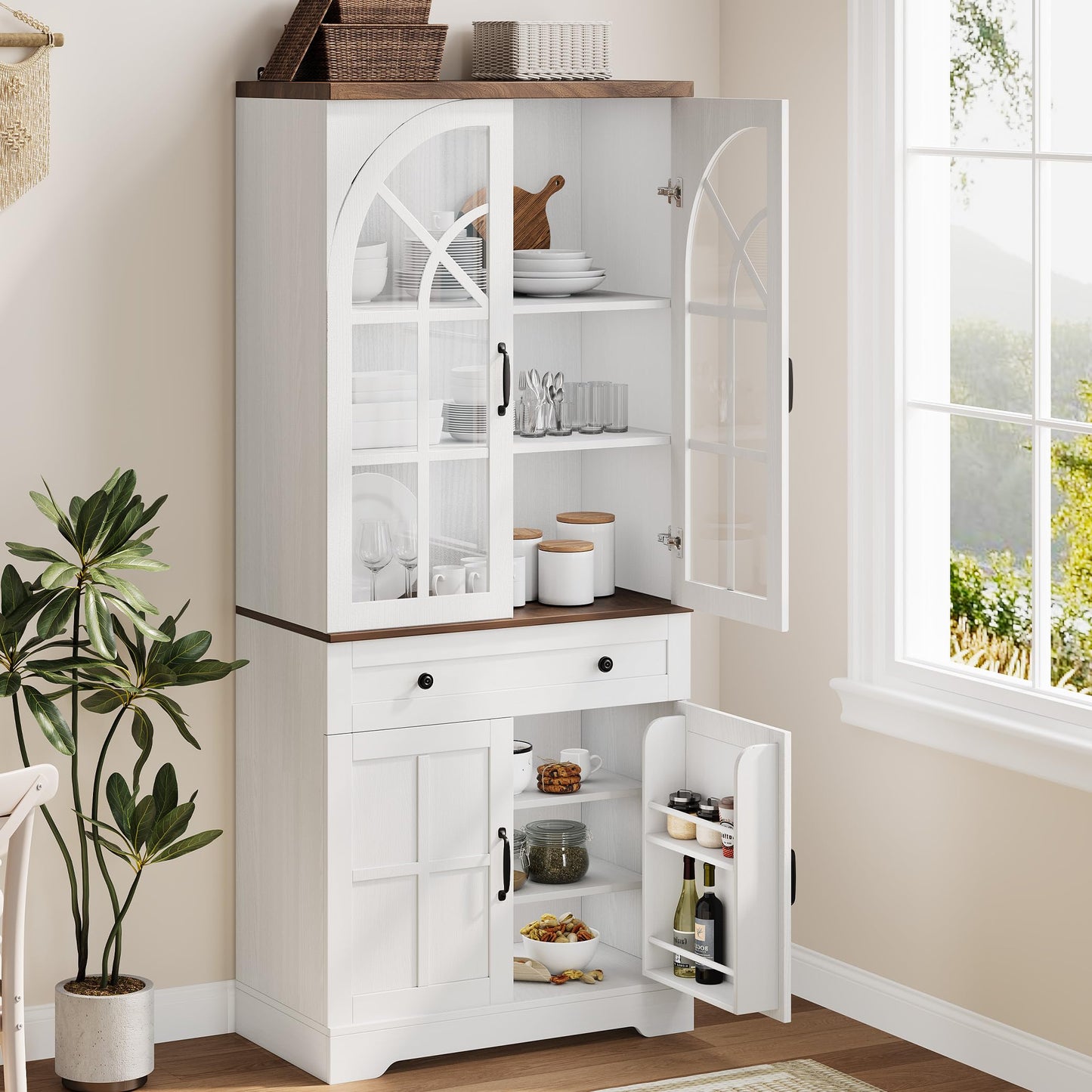Garvee Farmhouse Pantry Cabinet, 71.9" Tall Freestanding Kitchen Cabinet with Tempered Glass Doors& Anti-Tip Design for Kitchen, Dining Room & Living Room,White