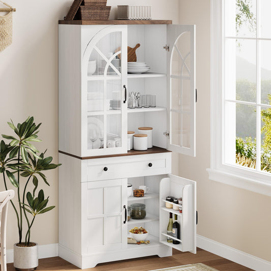 Garvee Farmhouse Pantry Cabinet, 71.9" Tall Freestanding Kitchen Cabinet with Tempered Glass Doors& Anti-Tip Design for Kitchen, Dining Room & Living Room,White
