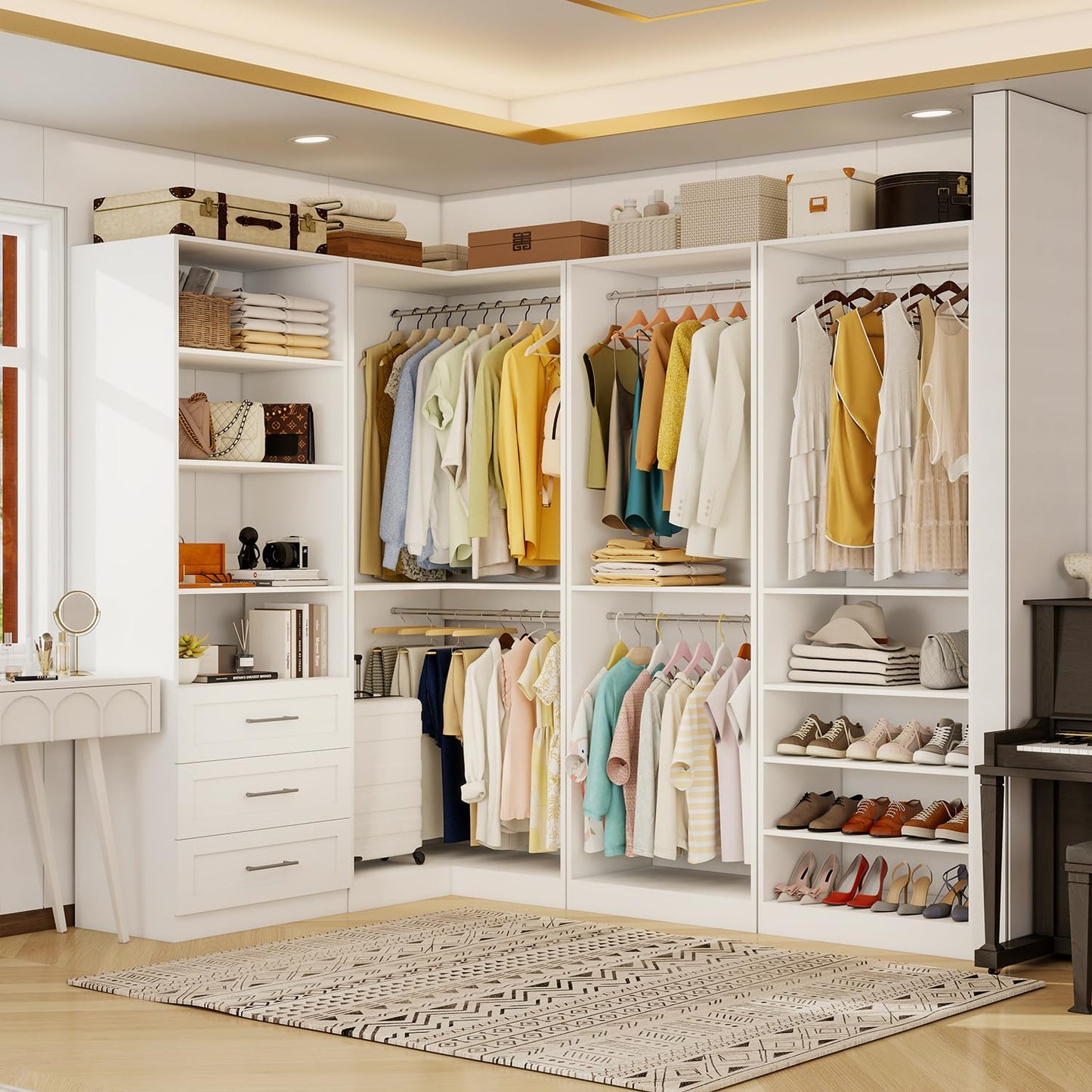 Sokiche Closet Organizer System of 4 Sets with 3 Drawers, 9 Hanging Rods & 8 Shelves, 157" Walk in Closet System, Corner Closet Organizer, Modular Standalone Closet, White