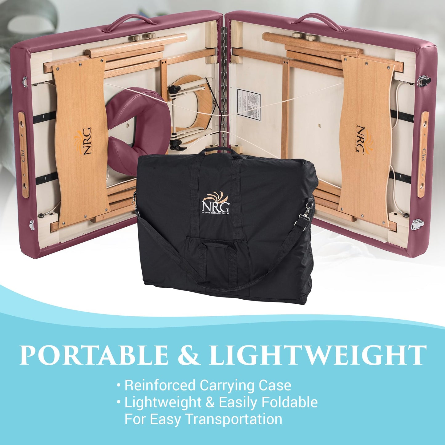NRG Chi Portable Massage Table Package | Burgundy | Folding Lightweight Massage Bed | Professional Spa Table with Face Cradle, Double Wheel Knobs & Carrying Case