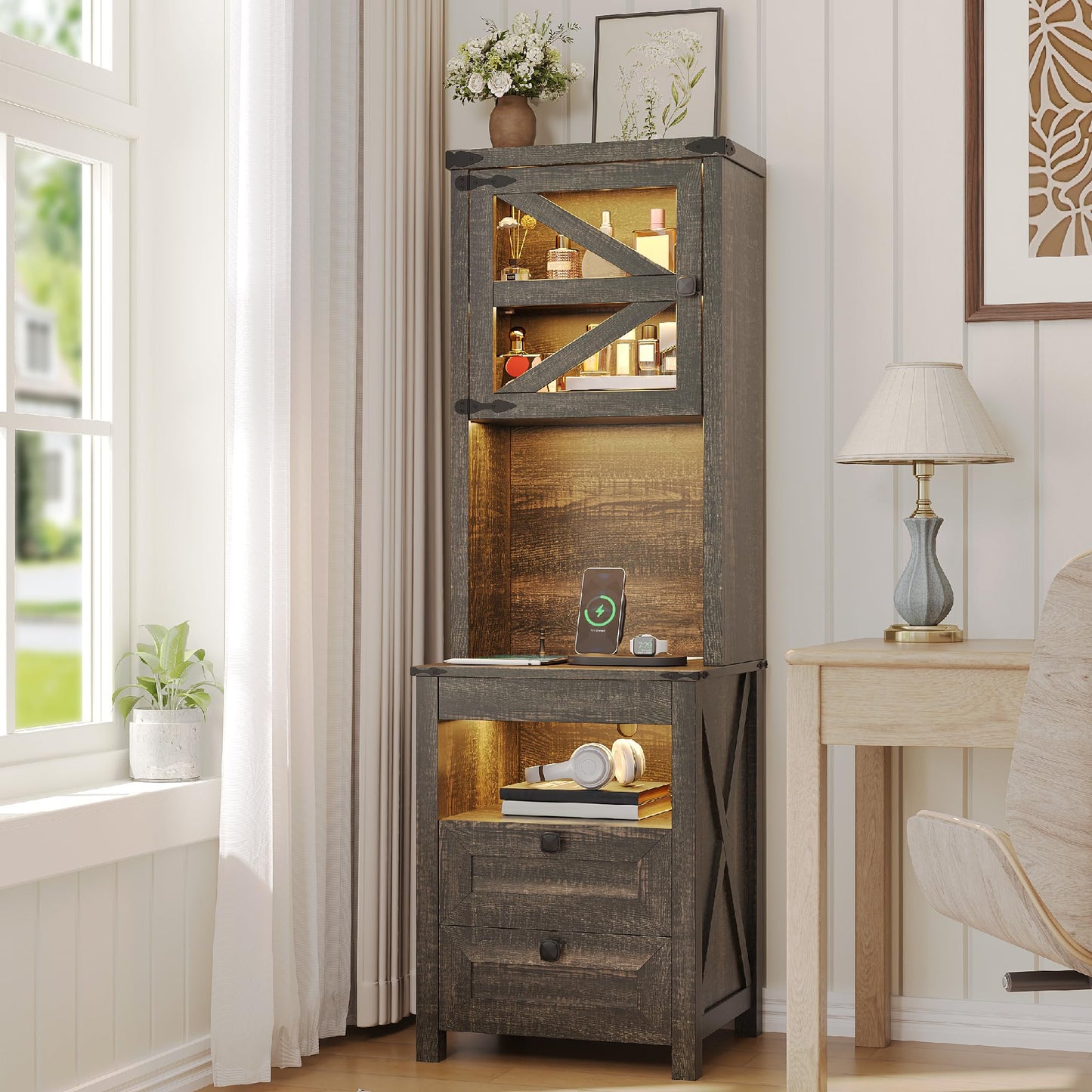 HWB Tall Night Stand with Charging Station and LED Lights, Farmhouse Nightstand with Gun Drawer&Adjustable Shelf, Bedside Table with 3 Drawers for Bedroom, Rustic Brown