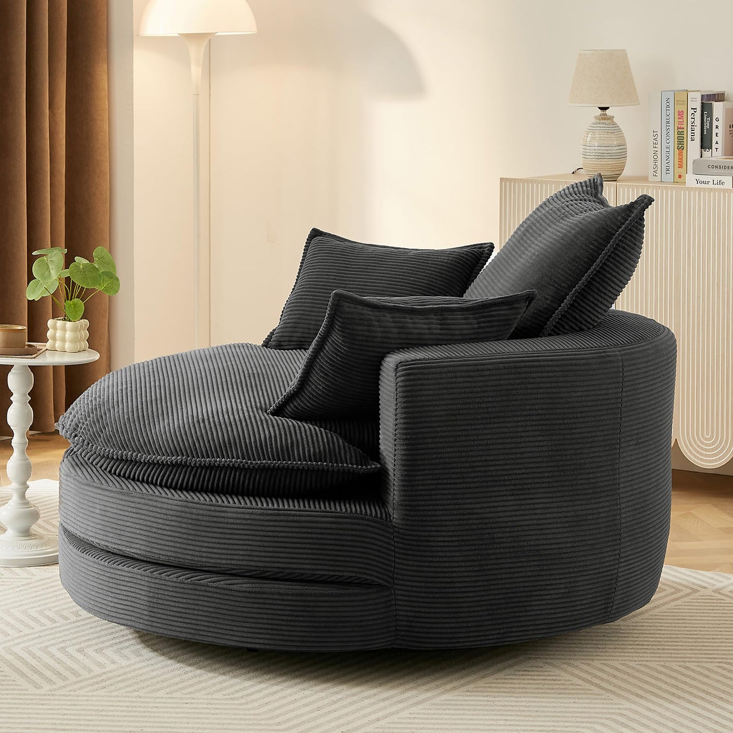 Merax 360° Swivel Sofa Chair, 57.5" Swivel Accent Barrel Chair with Dual-Layer Cushion Design, Modern Corduroy Leisure Sofa Round Chaise Lounge with 3 Removable Pillows for Living Room, Bedroom