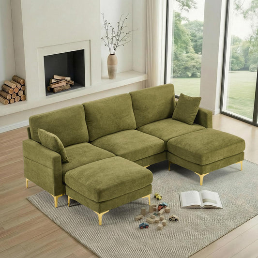 VINGLI 100" W U Shaped Couch with Ottoman, 22" Deep Seat Comfortable Sectional Couches for Living Room, 3 Seater Chenille Fabric Cloud Sofa for Apartment, Small Spaces, Bedroom, Green