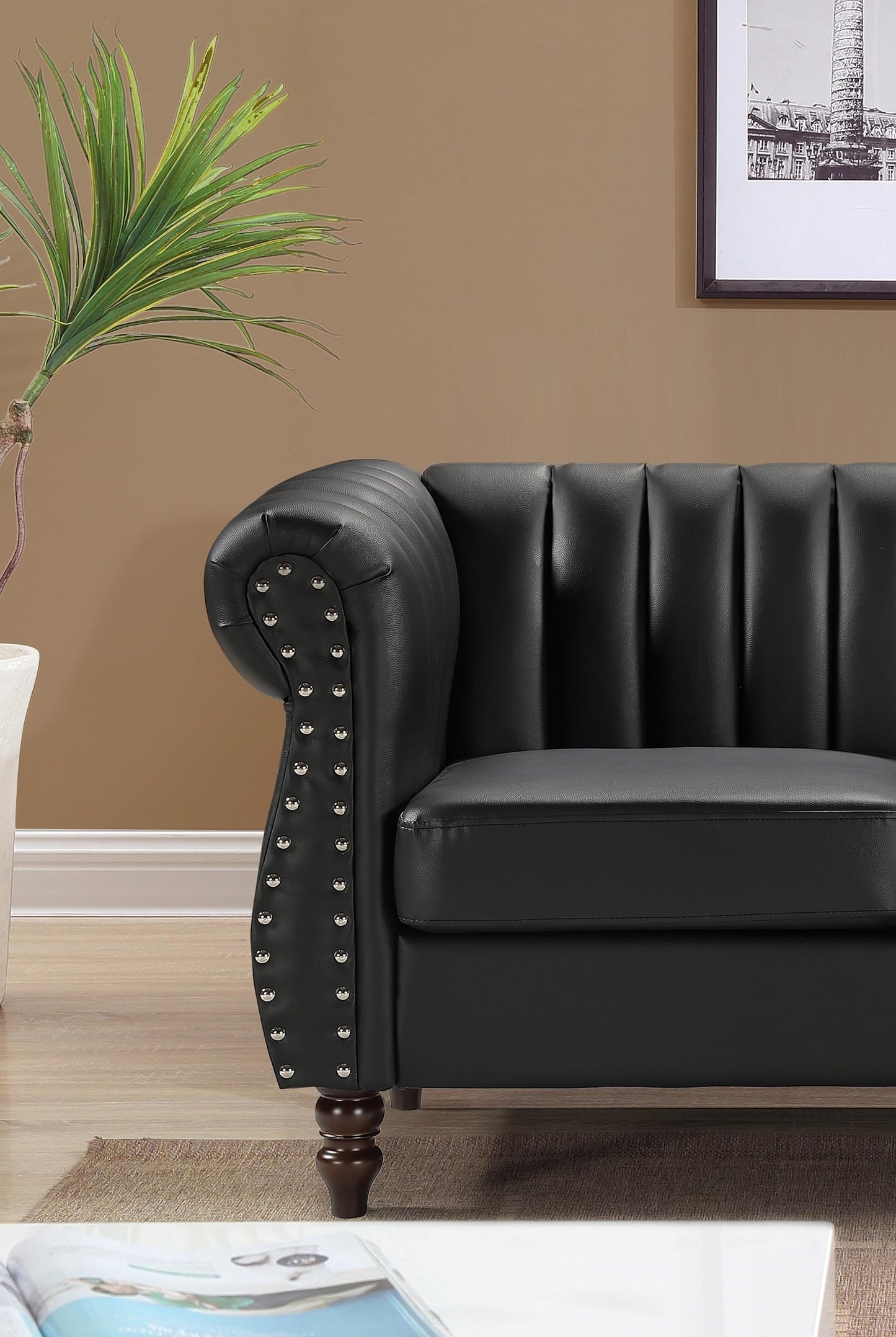 Container Furniture Direct Chesterfield-Inspired 60" Faux Leather Loveseat, 2 Seater Living Room Couch with Elegant Design, Gourd Legs, and Sustainable Pleather Upholstery, Black