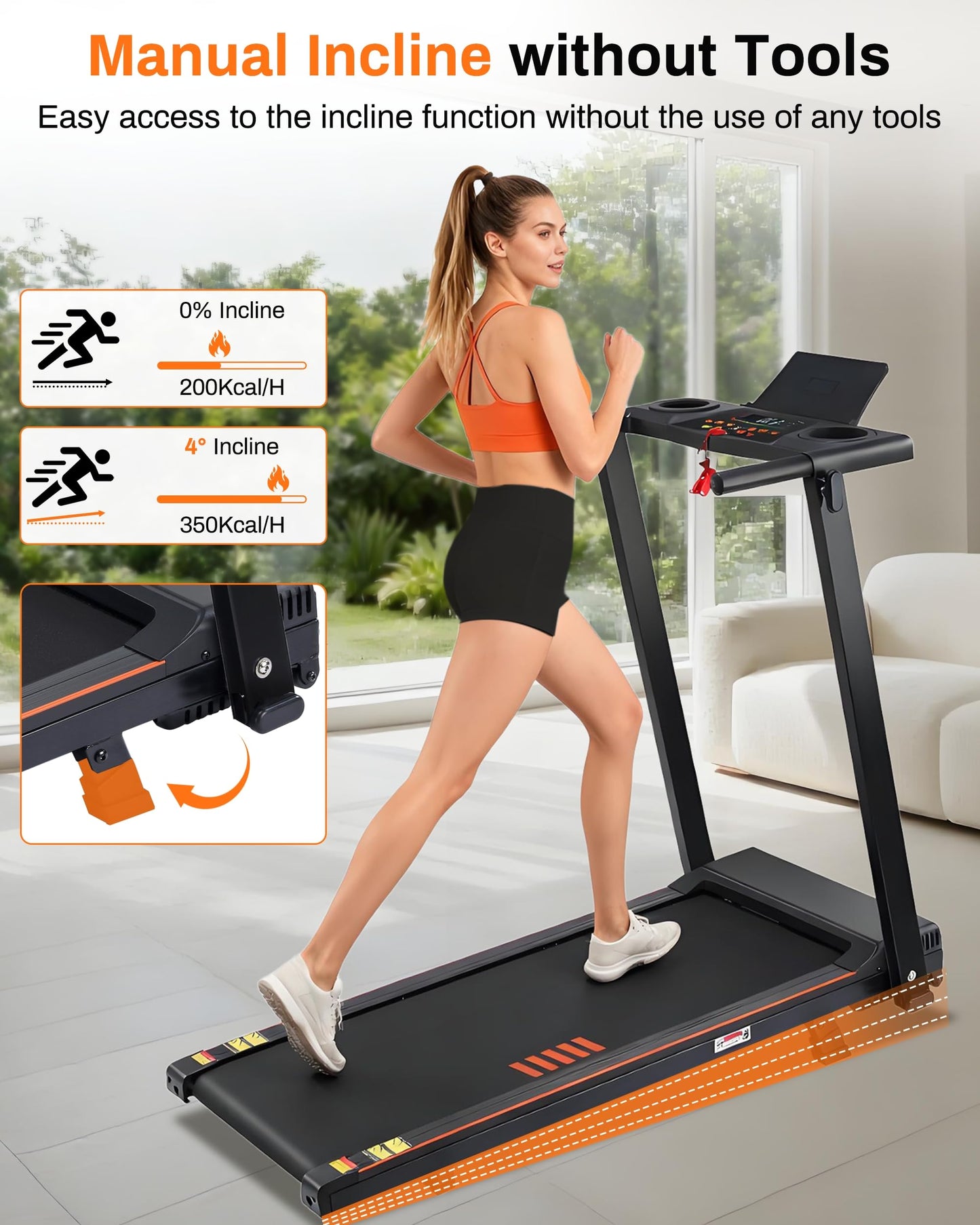 ECHANFIT Incline Treadmill with Handles, 3.0 HP Small Treadmills for Home with 300 LBS Capacity, Walking Pad with LED Dispay, 24 Preset Programs, Water Bottle Holder, iPad Stand