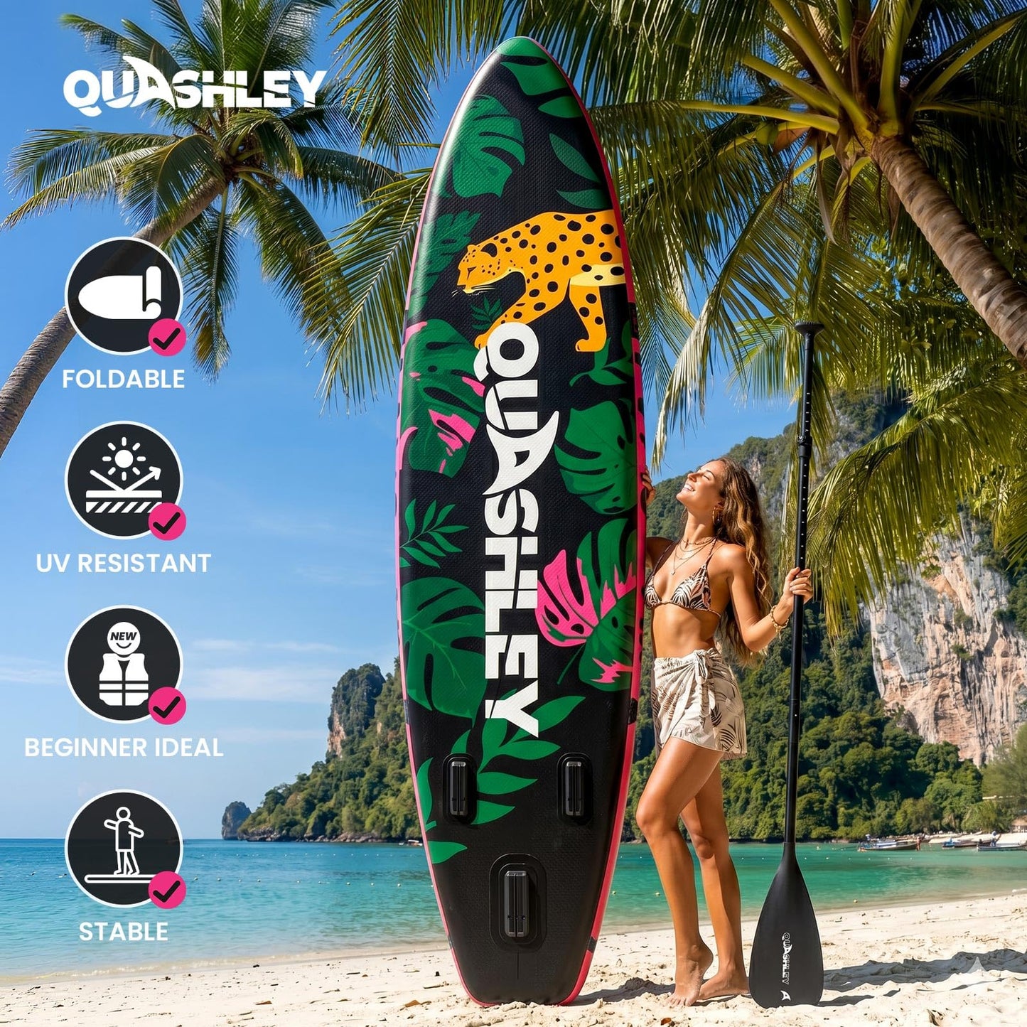 Quashley Inflatable Stand Up Paddle Board with Premium SUP Accessories,Stable Wide Design with Non-Slip EVA Deck for All Skill Levels,Ultra Stable All Around Paddleboard Leopard