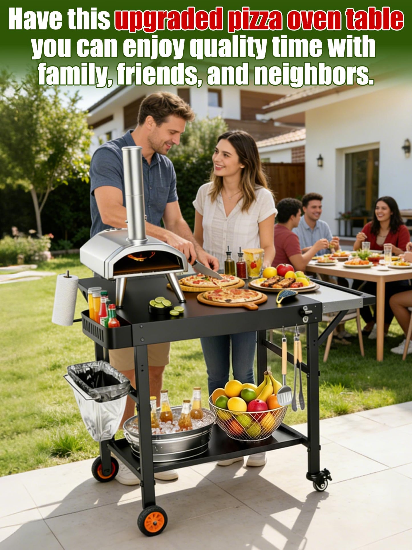 Outdoor Pizza Oven Table, Movable Grill Side Table, Expansive Countertop Pizzas Oven Accessories, Pizzas Stands for Party with Wheels, Fits Ooni Blackstone Ninja Cuisinart Gozney