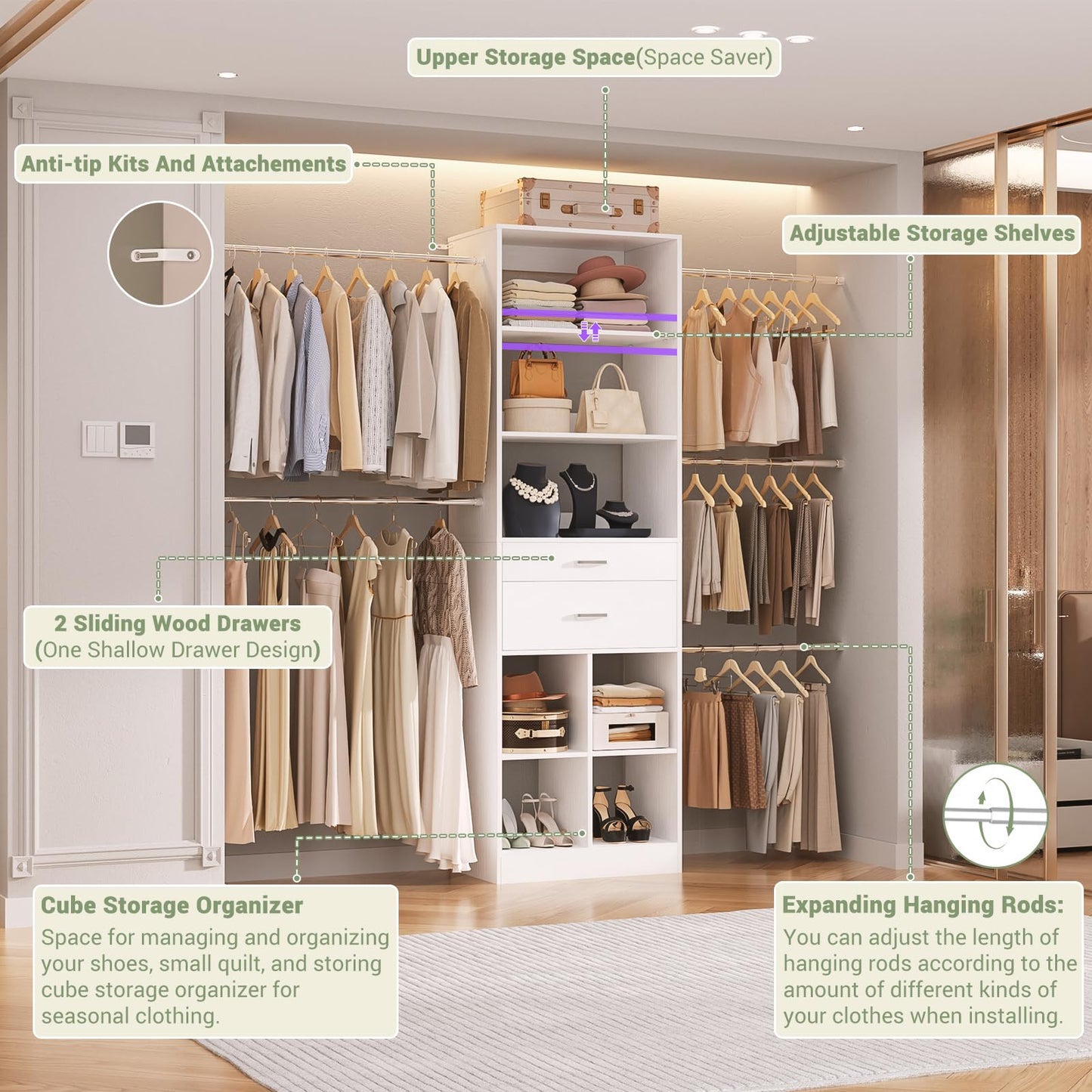 Besiost Closet System, 4-8 FT Closet Organizer Tower with 2 Wooden Drawers and 5 Hanging Rods, Can Fit 60 to 96 inch Walk-in Closet System, White
