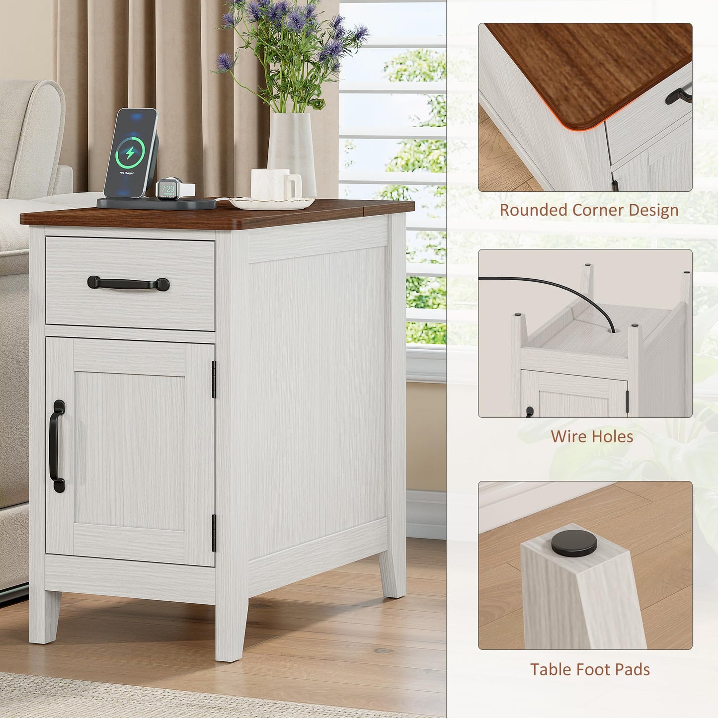 Alohappy End Table Set of 2 with Charging Station, Narrow Side Table with Hidden Flip Top & Power Strip, Farmhouse Nightstand with Drawer and Storage Cabinet for Living Room, Bedroom (2, White)