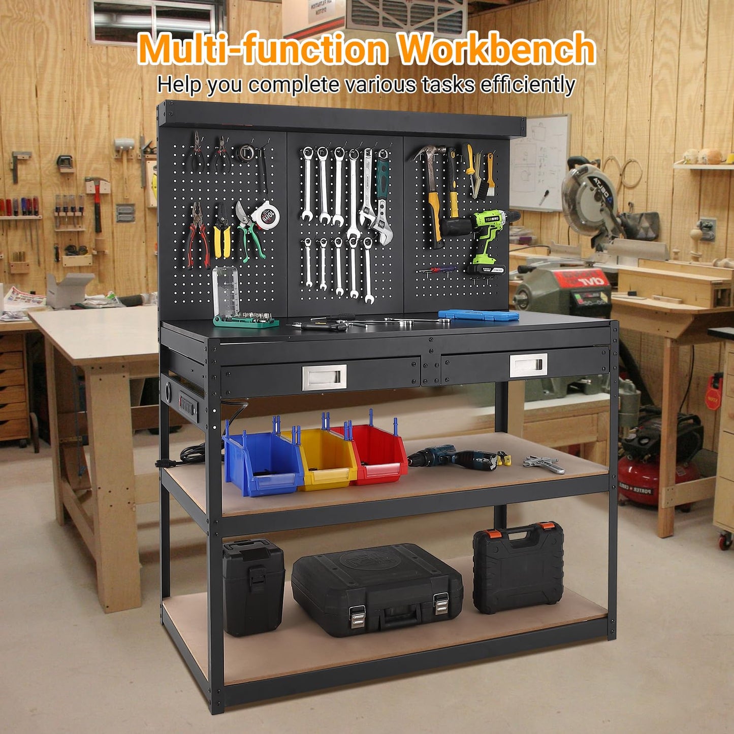 48" Workbench, 3-Tier Metal Work Benches for Garage, 1000 LBS Capacity Heavy Duty Table with 2 Drawers, Pegboard & ETL-Certified Power Outlets for Workshop, Home, Office
