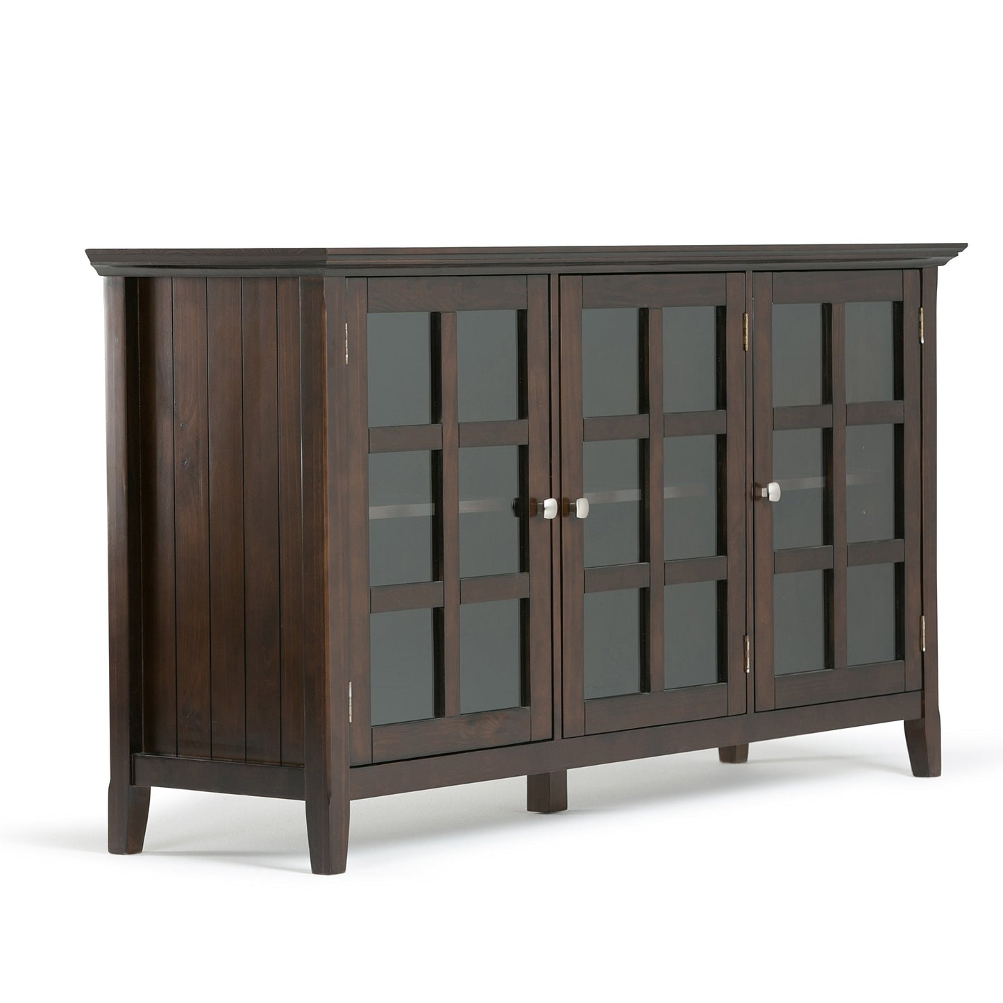 SIMPLIHOME Acadian Storage Cabinet - 62 inch Wide Solid Wood 3-Shelf Sideboard in Brunette Brown, Transitional Buffet for Living Room, Entryway, or Dining Room with Adjustable Shelves and Glass Doors