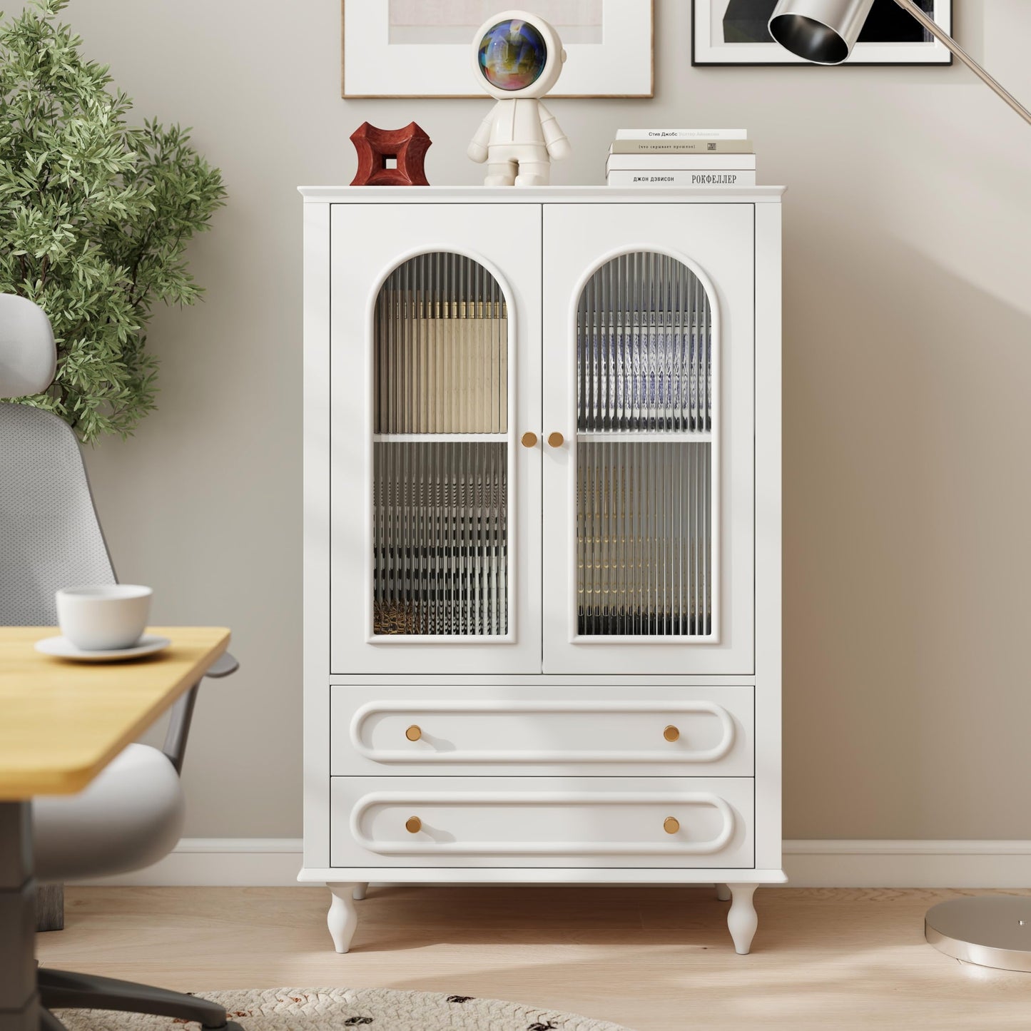 KEIKI Glass Display Cabinet with Ribbed Glass Doors, 46.5" Wooden Curio Cabinet with 2 Drawers & Adjustable Shelf, Freestanding Buffet Storage Unit for Living Room Dining Room Entryway, White