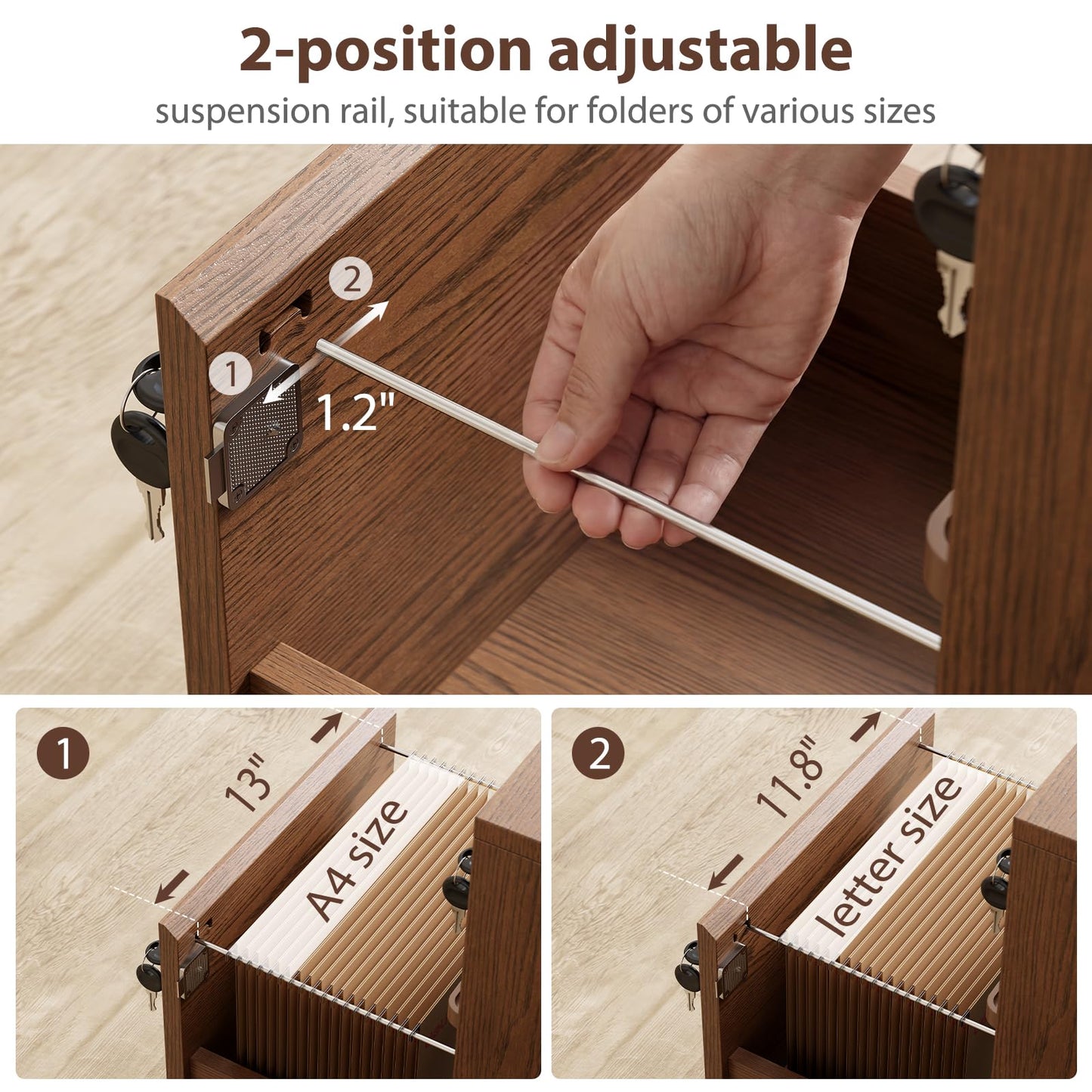 KungFuWood Wheeled Double-Drawer Filing Cabinet, Lockable Mobile File cabinets, Suitable for Home Offices or Storage cupboards for Storing Legal documents or Letter-Sized Files.