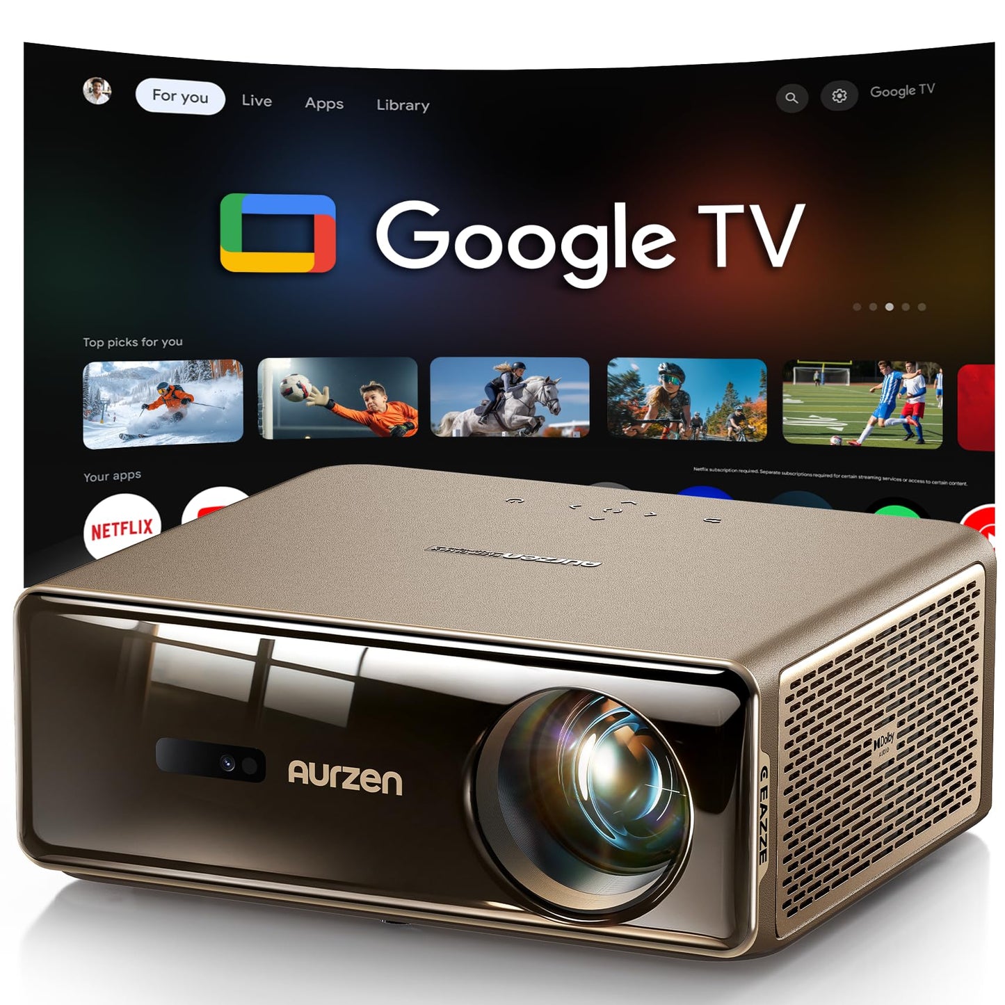 Aurzen EAZZE D1 MAX Google TV Smart Projector 4K Supported, Ultra-Bright 1000 ANSI Lumens, MEMC Tech, Fully Automatics, 20W DoIby Audio, Home Theater Movie Projector for Backyard Soccer Watch Party