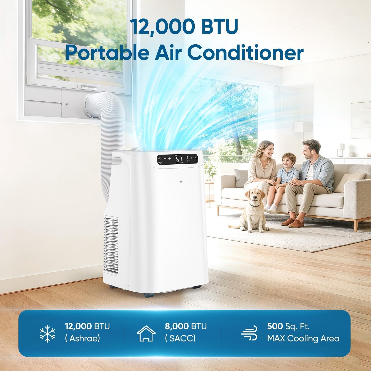 12000 BTU Portable Air Conditioners, Cools Up to 500 Sq.Ft, Portable AC Unit with Remote Control, Cooling, Fan, Dehumidification, Sleep Mode& Installation Kits for Rooms, White