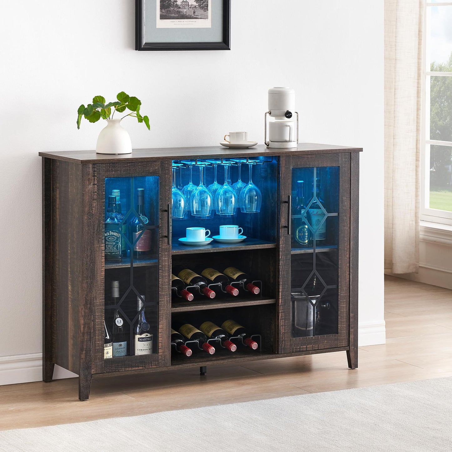 CABIHOME 47" Wine Bar Cabinet with LED Light, Farmhouse Industrial Wine Cabinet, Coffee Station with 2 Adjustable Shelves & Storage, Dining Room, Living Room, Home Bar Furniture, Oak