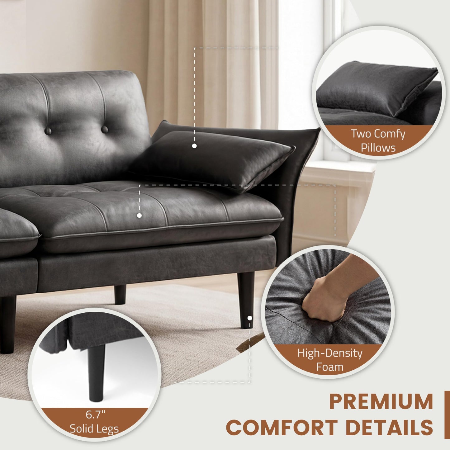 Attalee Convertible Futon Sofa Bed, Faux Leather Futon Couch with 3 Adjustable Angles & Armrests, Sleeper Sofa with Side Pockets for Living Room, Bedroom, Apartment, Grey(Black)