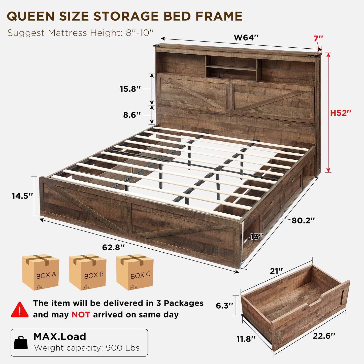 ACCOHOHO Farmhouse Queen Size Bed Frame with 52" High Storage Bookcase Headboard and 4 Drawers,Wooden Bed Frame with LED Light and Charging Station,Light Brown