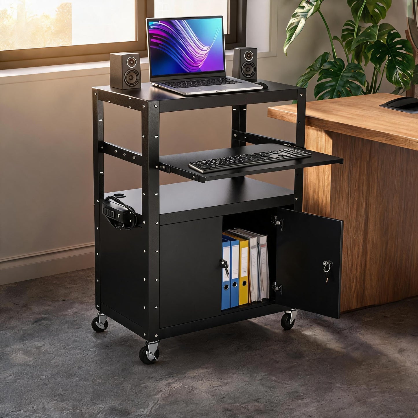 Rolling AV Cart with Locking Cabinet, Laptop Stand, and Drop Leaves, Height Adjustable Mobile Utility Cart Workstation with Extra Storage Space, Power Strip