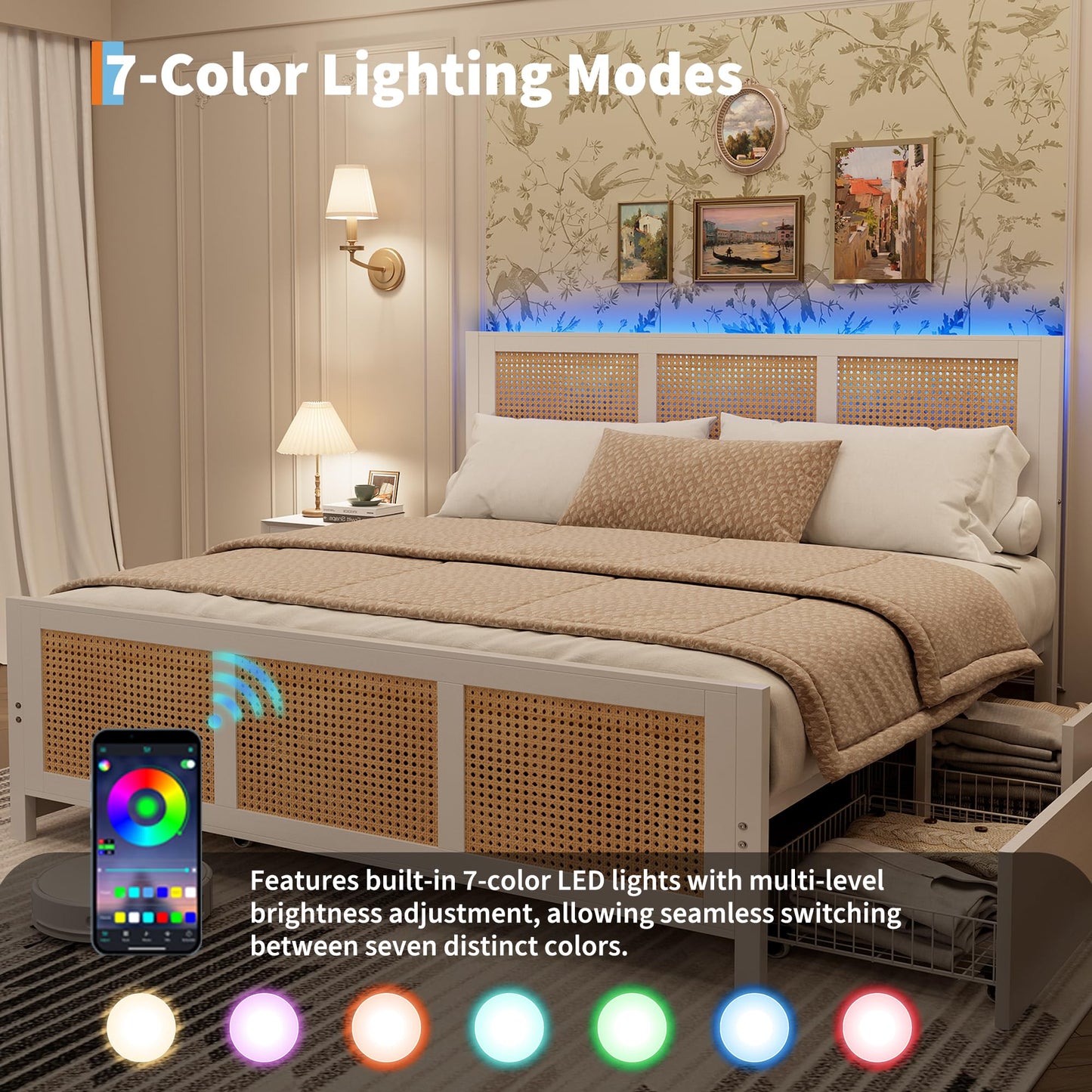GarveeHome White Rattan Bed Frame with Headboard, Boho Cane Platform Full Size Bed Frame with 4 Drawers, Strong Metal Slats Support, Noise Free, No Box Spring Needed