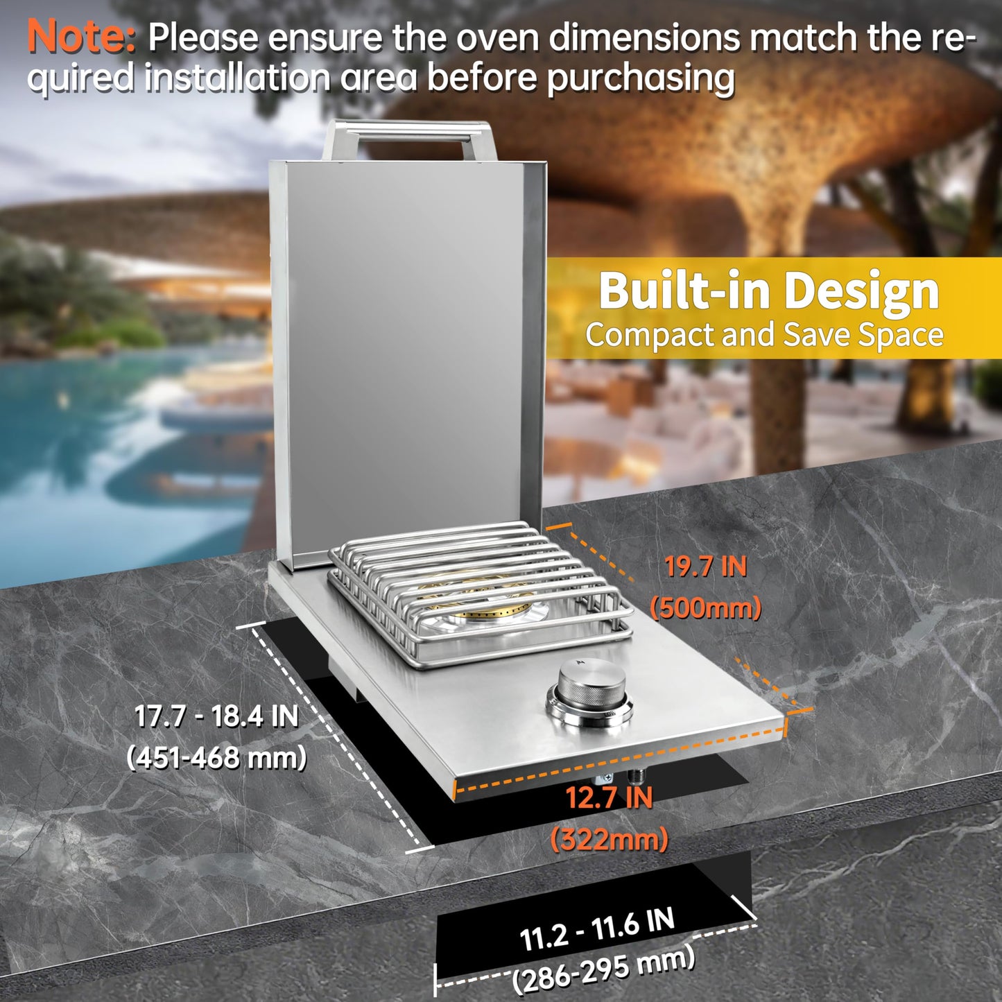 Built-in Single Grilling Side Burner for Outdoor Grill, Heavy-Duty 304 Stainless Steel, Drop in Side Burner With Cover, 15,000BTU Natural Gas & Propane, Single Side Burner for Family Patio Parties