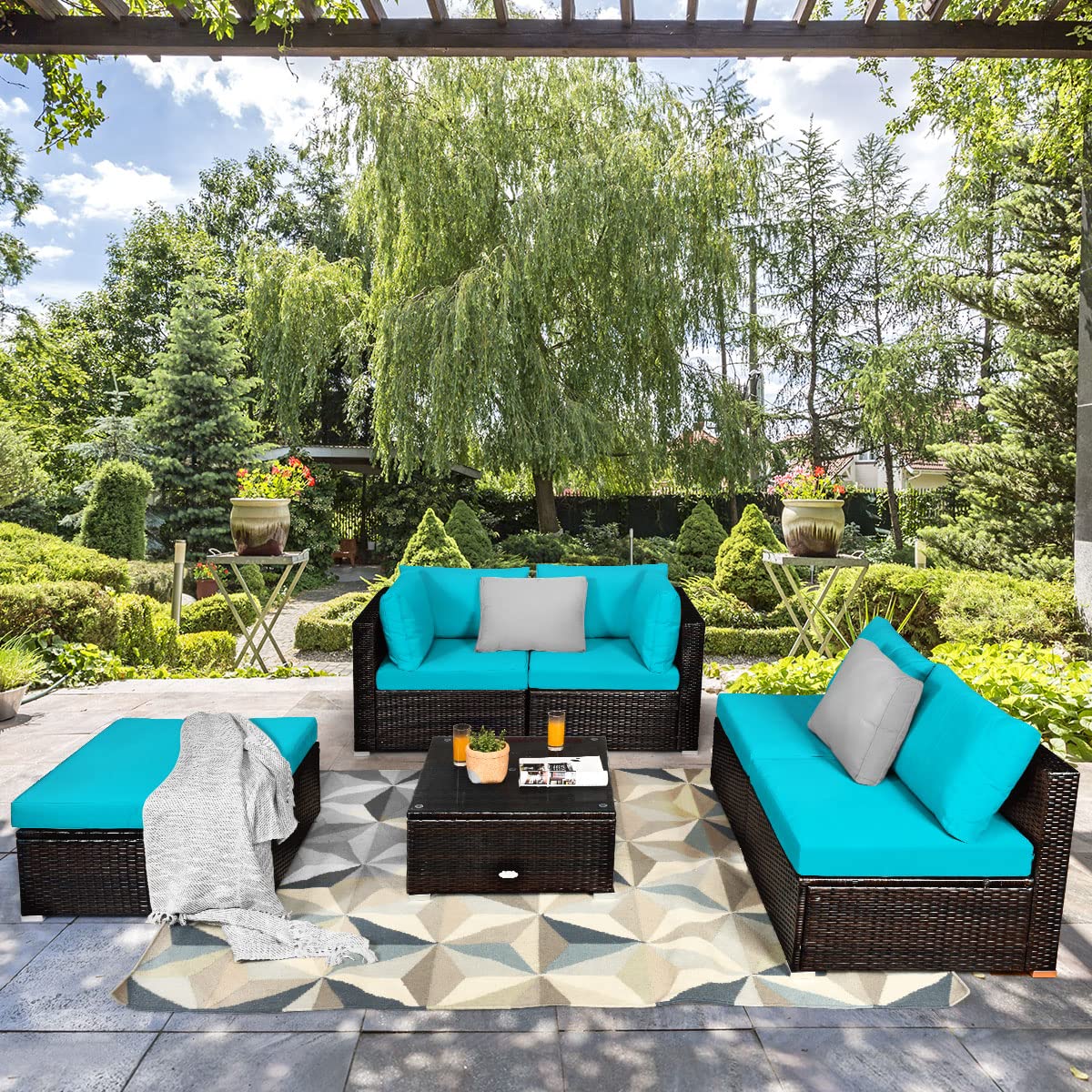 COSTWAY 6-Piece Outdoor Patio Furniture Set, Rattan Sectional Sofa Set with Tempered Glass Coffee Table, Cushions and Ottoman for Garden, Deck, Backyard (Turquoise)