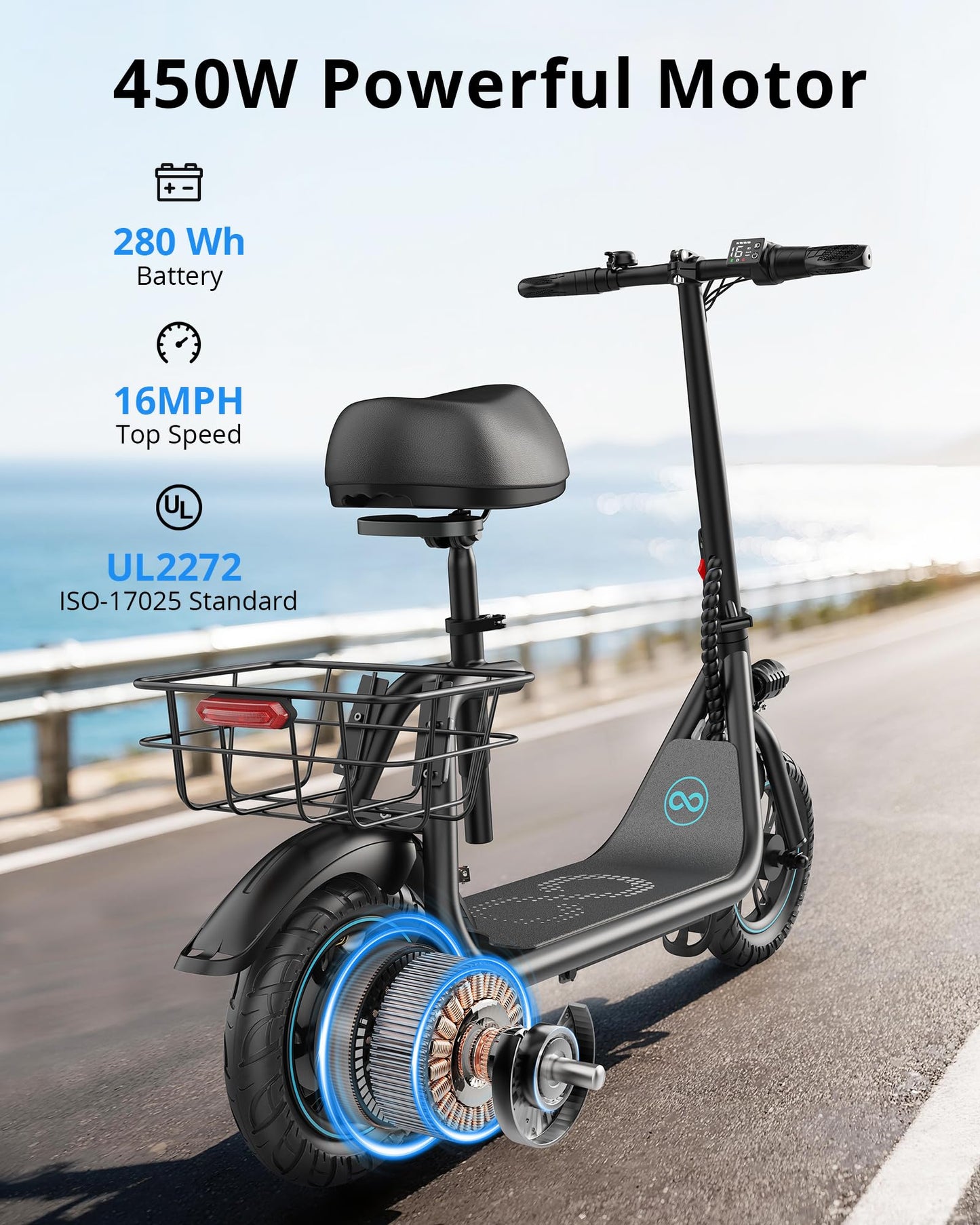Gyroor Electric Scooter for Adults & Teens with Seat, 450W Motor, Upgraded Stable Battery, 20 Miles Range, Folding Commuter Scooter, Comfort Seat, Bonus Lock & Phone Holder for Urban Travel, C1-CMM