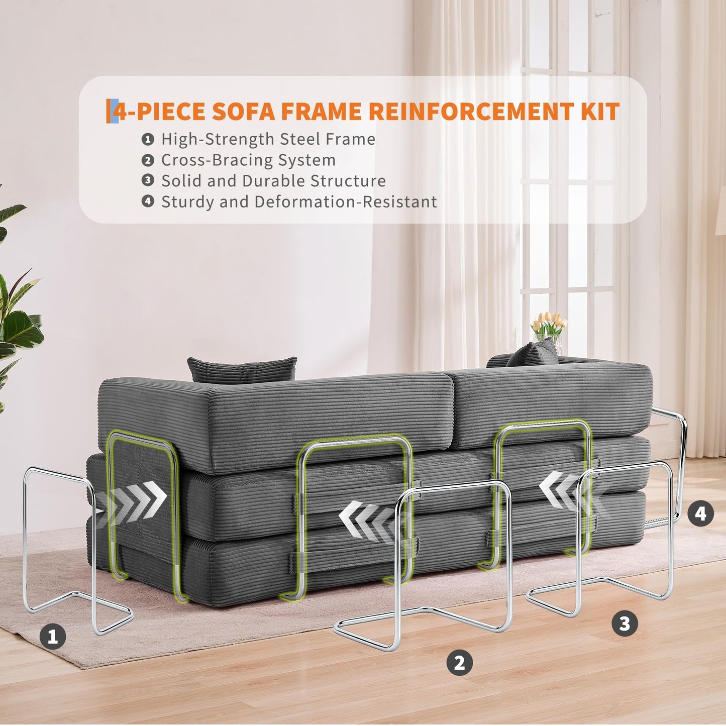 GarveeLife 78.8" Modular Corduroy Sofa Bed,5 in 1 Convertible Futon Floor Couch with Pull-Out Sleeper,Multi-Functional Futon for Living Room Guest Room & Small Spaces