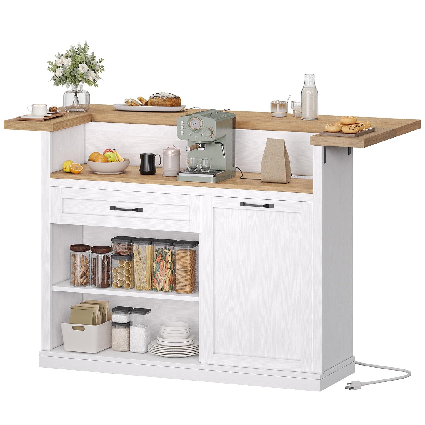Homiflex Kitchen Island with Storage, Rolling Kitchen Islands with Storage, 55" W Large Island Table, Breakfast Bar Counter with Drop Leaf, Trash Can Cabinet, Power Outlet for Dining Room, White