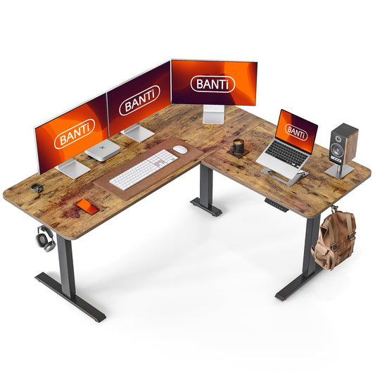 BANTI L-Shaped Standing Desk - 63 x 55 Inch Adjustable Corner Standing Desk with Charging Station - L Shape Sit Stand Table with Memory Controller, Splice Board for Home Office, Rustic Brown