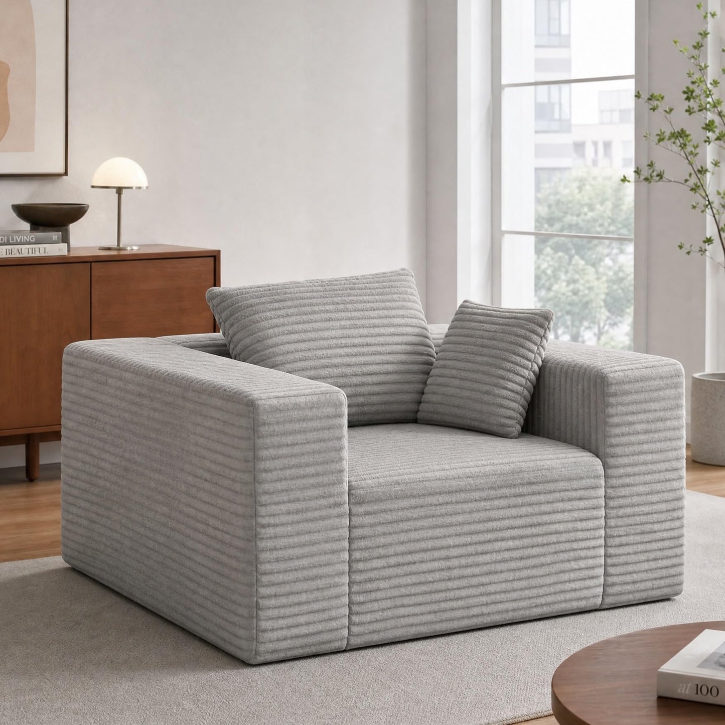 Trygoal Boneless Single Sofa Chair for Adult, Corduroy Cloud Lounge Chair with 2 Pillows & Wide Armrests, High-Density Foam Reading Couches for Living Room & Office, No Assembly Required, Light Gray