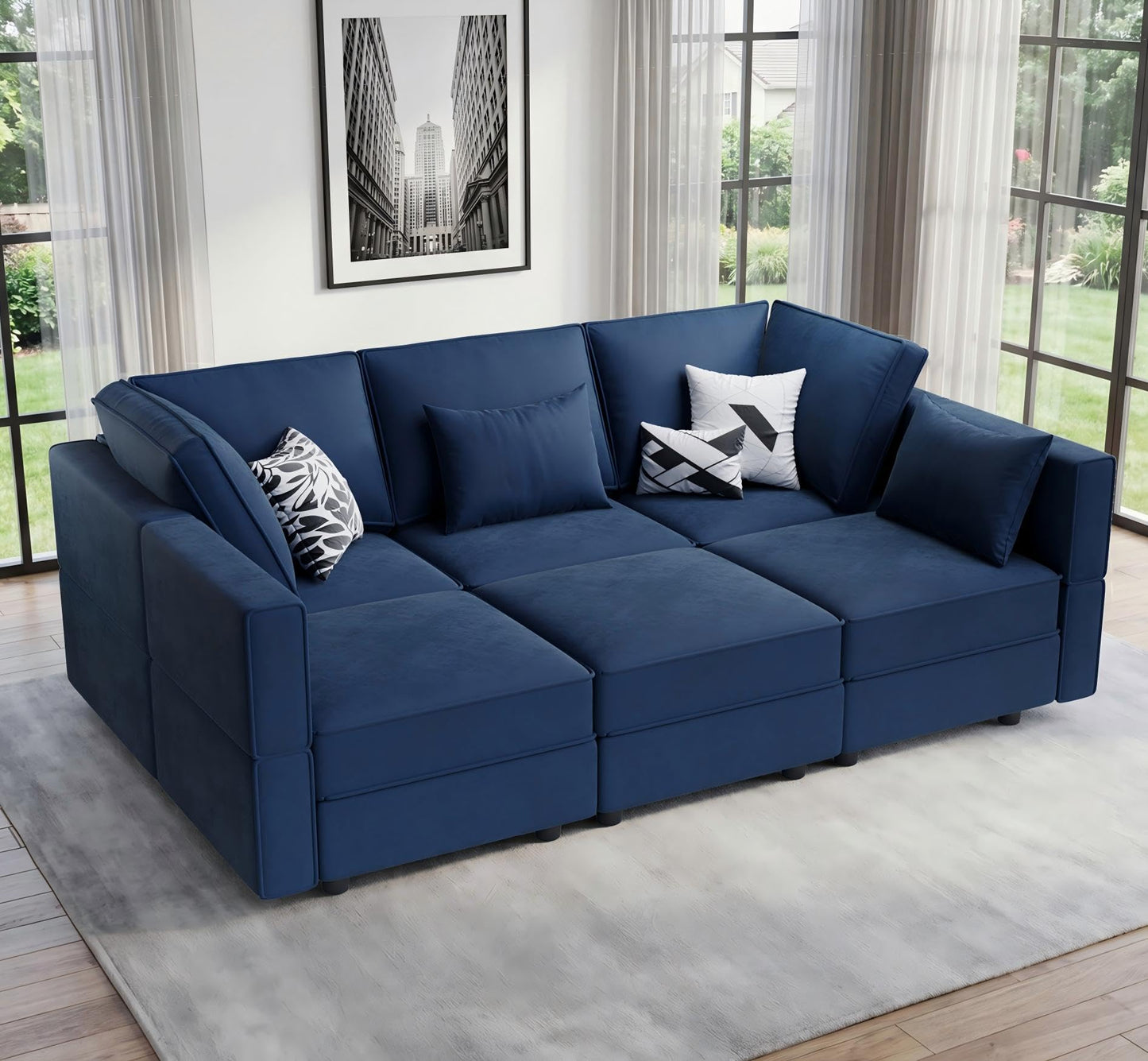 Vesgantti Sectional Sleeper Sofas with Storage, 92" Sofa Bed with 6 Seats Storage Chaises Removable Cover, Deep Seat Modular Couches Velvet Couch Set for Living Room, Apartment, Home Theater, Blue