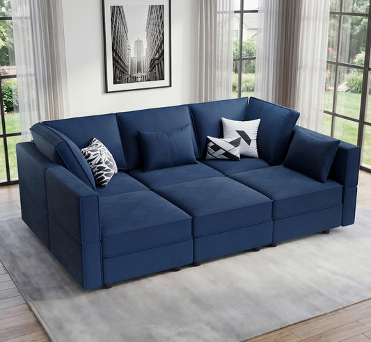 Vesgantti Sectional Sleeper Sofas with Storage, 92" Sofa Bed with 6 Seats Storage Chaises Removable Cover, Deep Seat Modular Couches Velvet Couch Set for Living Room, Apartment, Home Theater, Blue