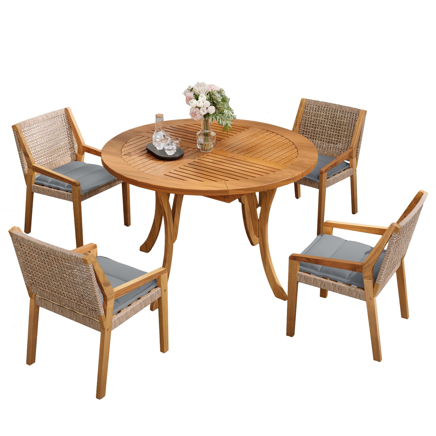 Christopher Knight Home Verle Wooden Patio Dining Set for 4, Acacia Wood Outdoor Dining Table Set for 4, 5 Piece Outdoor Dining Set with Round Table and Armchair with Seat Cushion, Teak+Grey