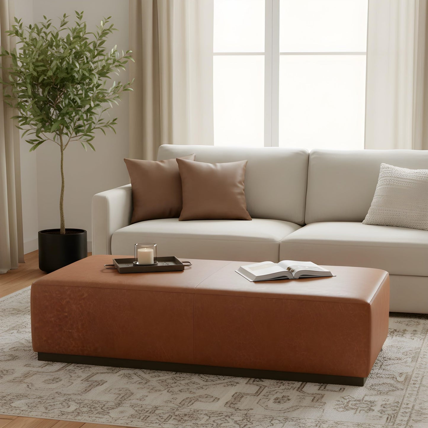 Christopher Knight Home Terra Faux Leather Upholstered Ottoman Bench, Wooden Sofa Foot Stools, PU Rectangular Pouf Coffee Table, Living Room Sofa Extra Seat, Tan Brown