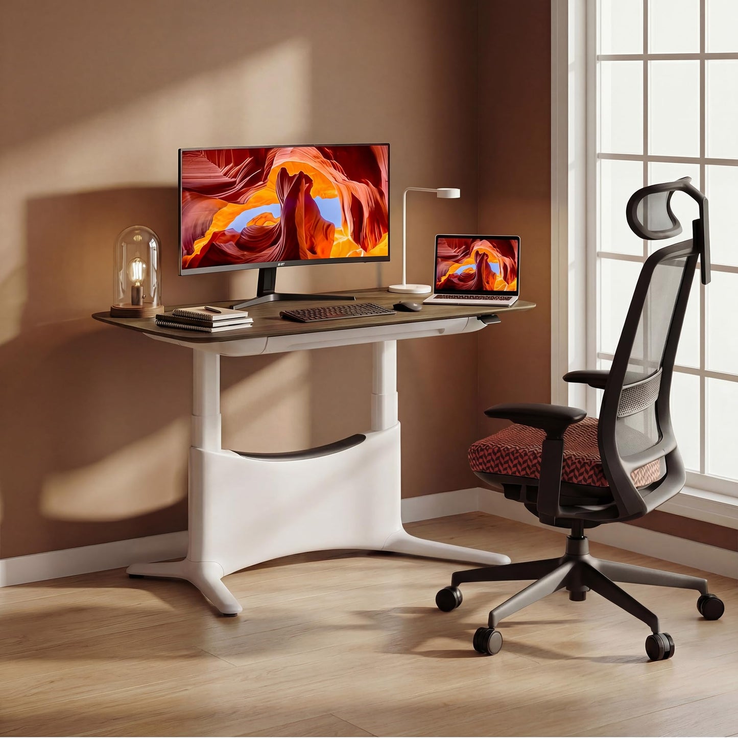 COLAMY Electric Standing Desk 55x28, Desktop Wobble-Free Dual Motor Sit Stand Up Desk with Drawers, Outlets & Footrest, Adjustable Height Computer Table for Home Office Workstation, Walnut,White