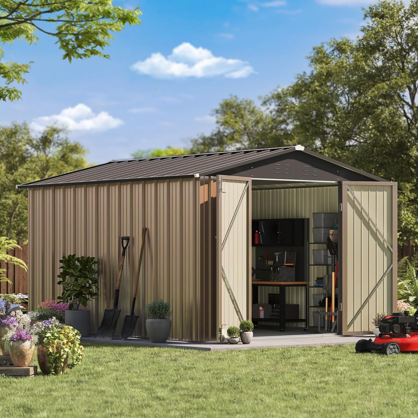 Patiowell 8x10 FT Outdoor Storage Shed, Large Garden Tool Metal Shed with Sloping Roof and Lockable Door, Outside Sheds for Backyard Patio Lawn, Brown