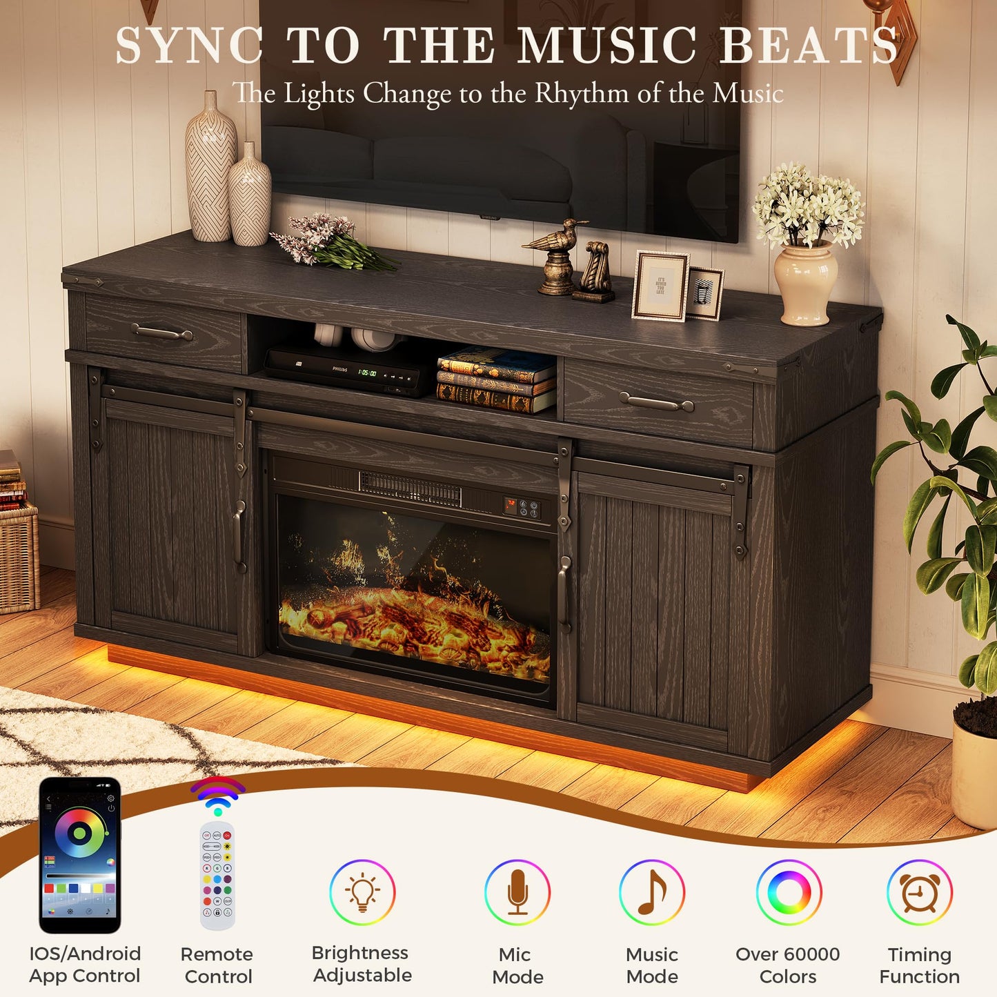 Jocoevol Fireplace TV Stand for TVs up to 65", Electric Fireplace with 3D Flame, Farmhouse LED Light Entertainment Center TV Console with with 2 Drawers, Sliding Barn Door for Living Room - Black
