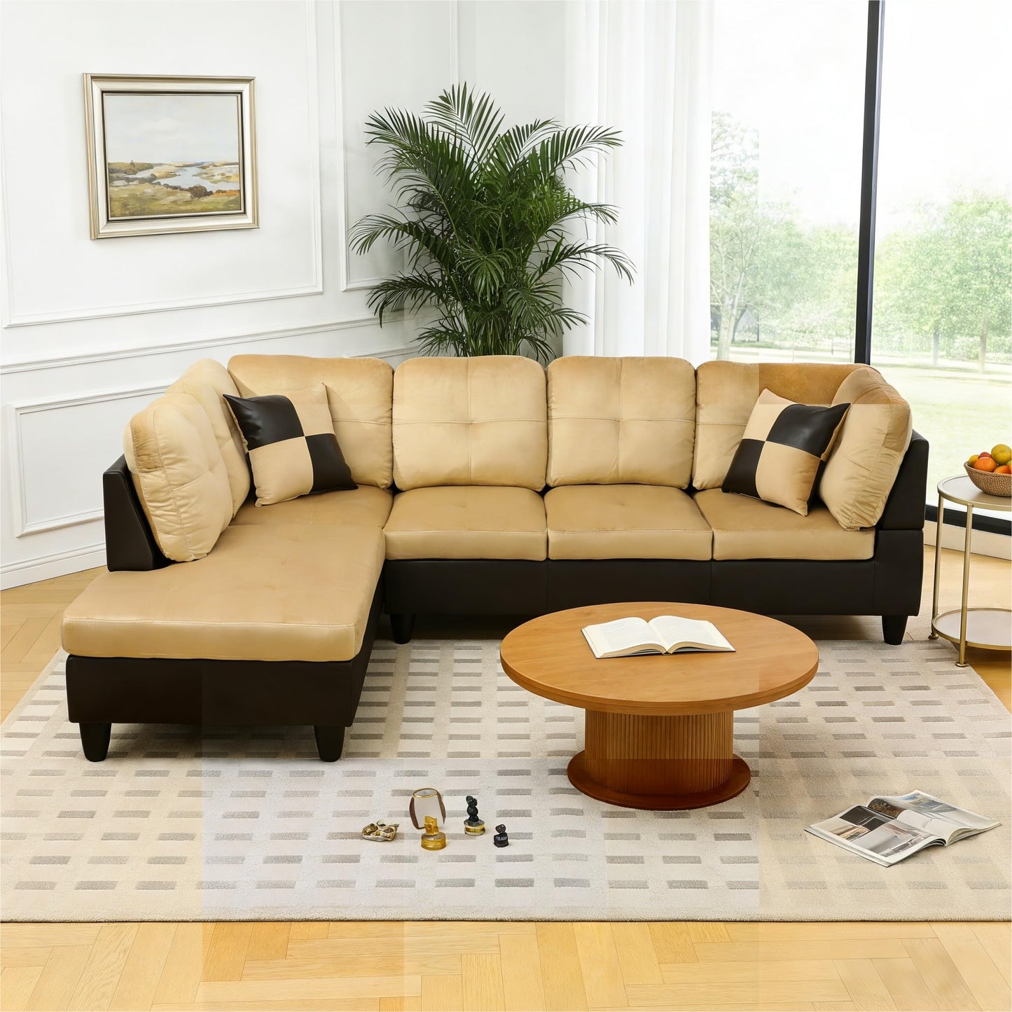 Trygoal 103.5 Inch Modern L-Shaped Couch, Flannel Sectional Sofa with Chaise Lounge, 4-Seater Couch with Accent Pillows for Living Room, Apartment, Beige and Brown