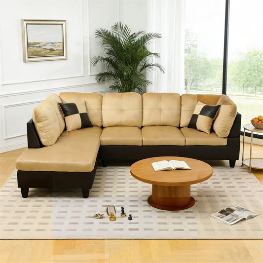 Trygoal 103.5 Inch Modern L-Shaped Couch, Flannel Sectional Sofa with Chaise Lounge, 4-Seater Couch with Accent Pillows for Living Room, Apartment, Beige and Brown